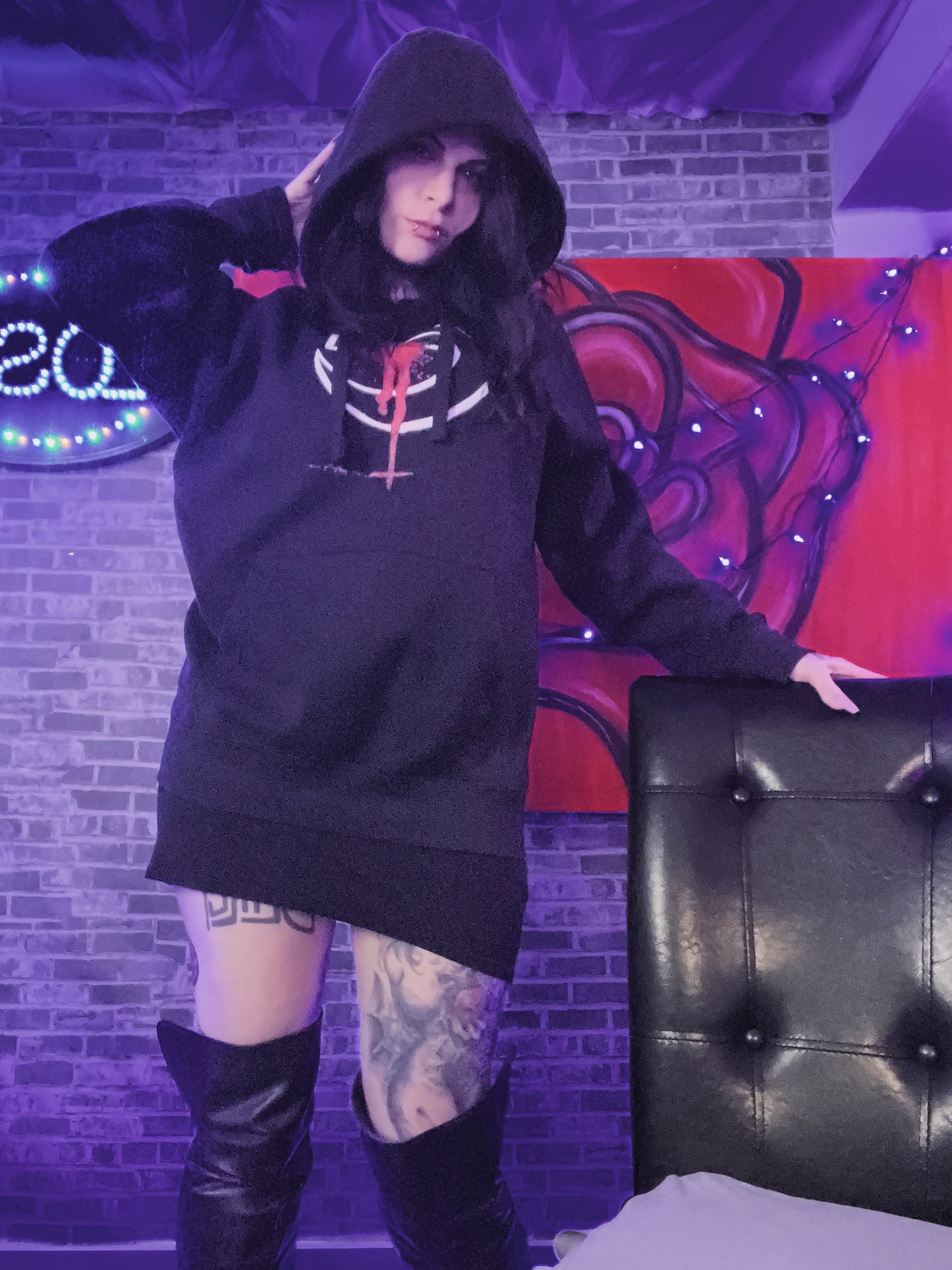 Leviathan Red Splatter Embroidered Hoodie: Cloak Yourself in Darkness