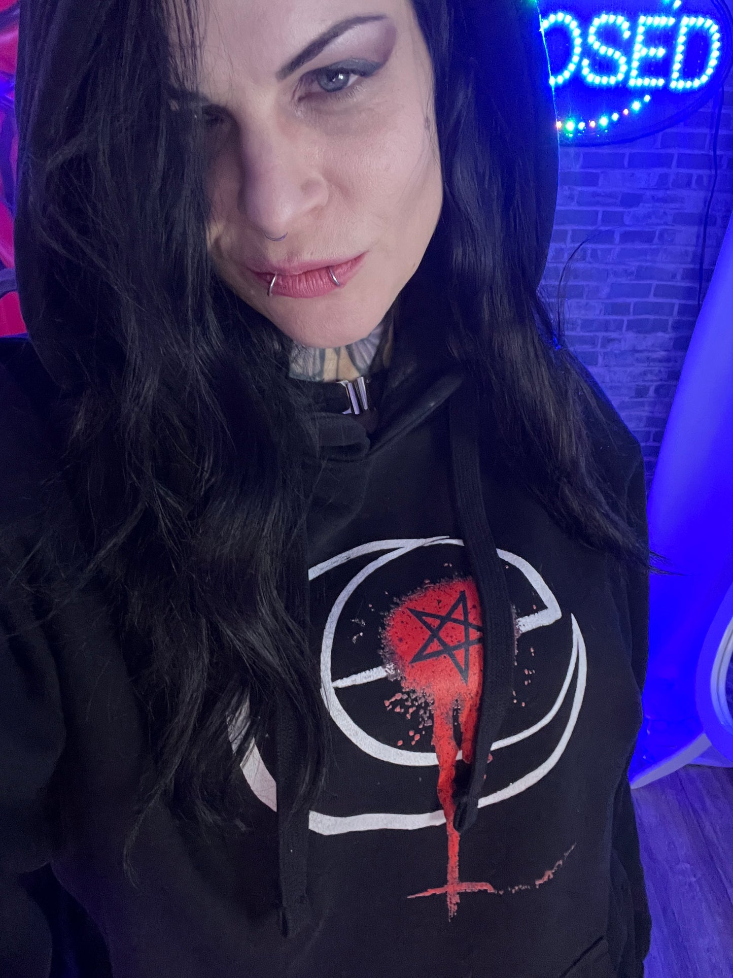 Leviathan Red Splatter Embroidered Hoodie: Cloak Yourself in Darkness